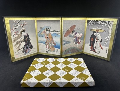 Vintage Japanese Ukiyo-e Folding Miniature Screen 4 Panel Japanese Ladies Winter