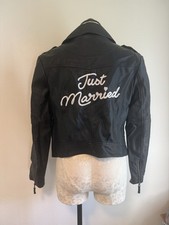 David  s Bridal Just Married Embroidered Faux Leather Jacket Size Medium Black