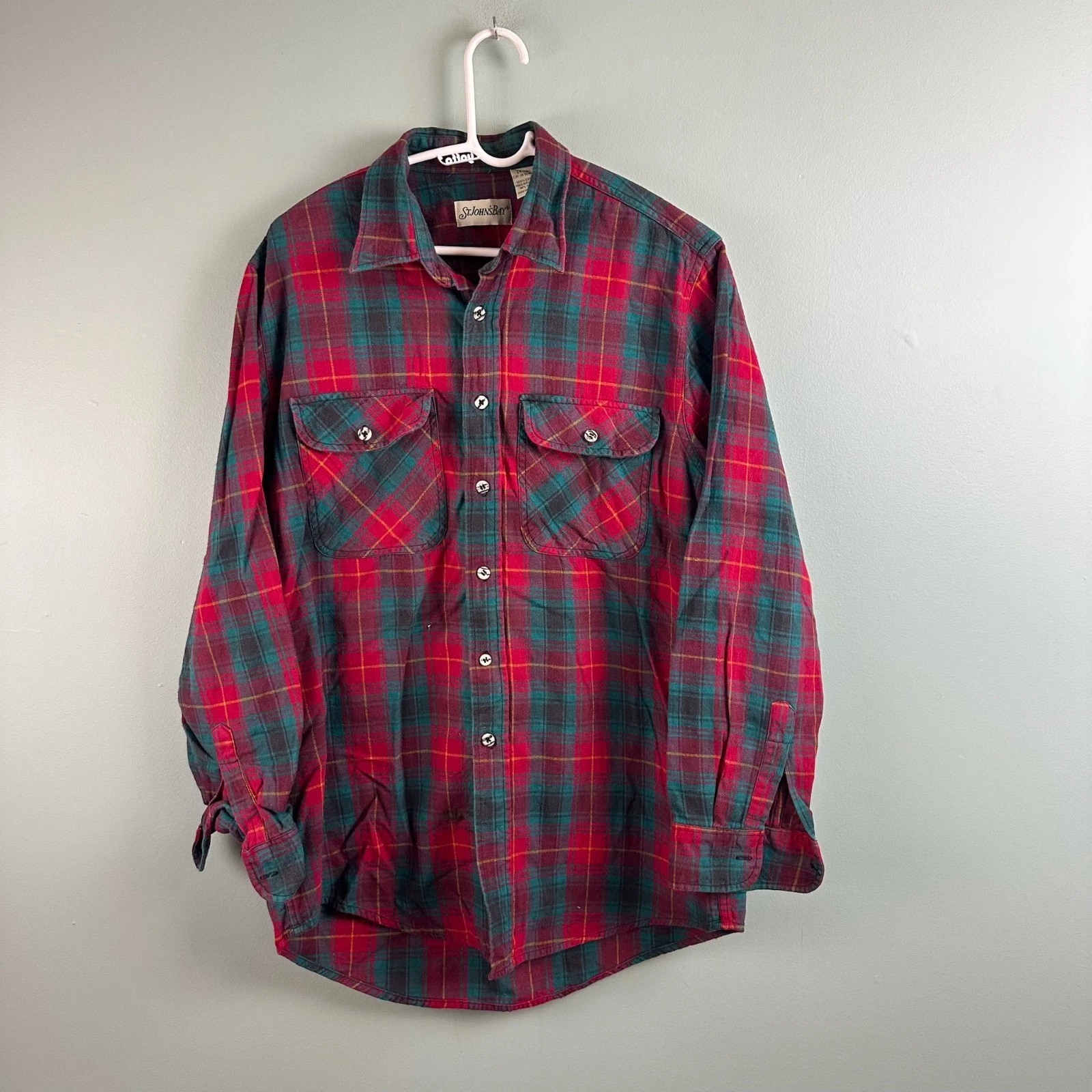 St Johns Bay Plaid Shirt Flannel Mens LG Tall RedGreen Lumberjack Outdoor 90s