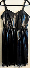 Women's Black Faux Leather Sweetheart Strappy Lace Hem Mini Dress Size XL