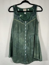 Free People Green Tank Top Silver Lace Neckline Size M Boho