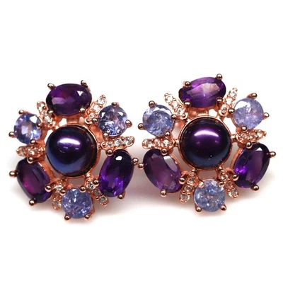 Freundin 925 Silber Lila Perle Amethyst Tansanit Zirkonia Ohrringe - Bild 1 von 4