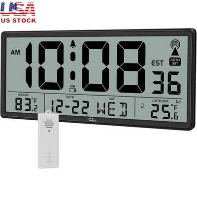 Atomic Wall Clock Digital Display Indoor Outdoor Temperature Battery Operated US