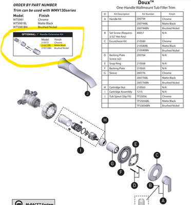 Moen 210572BL 1'' Handle Extension Kit Matte Black For Doux Tub trim WTS981BL