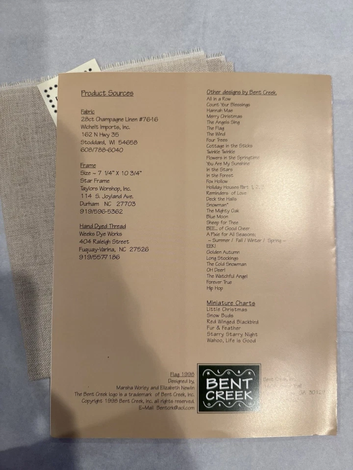 Bent Creek FLAG 1998 Cross Stitch Americana Patriotic Pattern and Fabric - Image 2 of 4