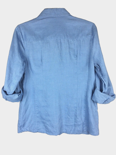 Relativity Women’s Linen Shirt Top LS Roll Tabs Pockets Blue Sz Small - Picture 2 of 7