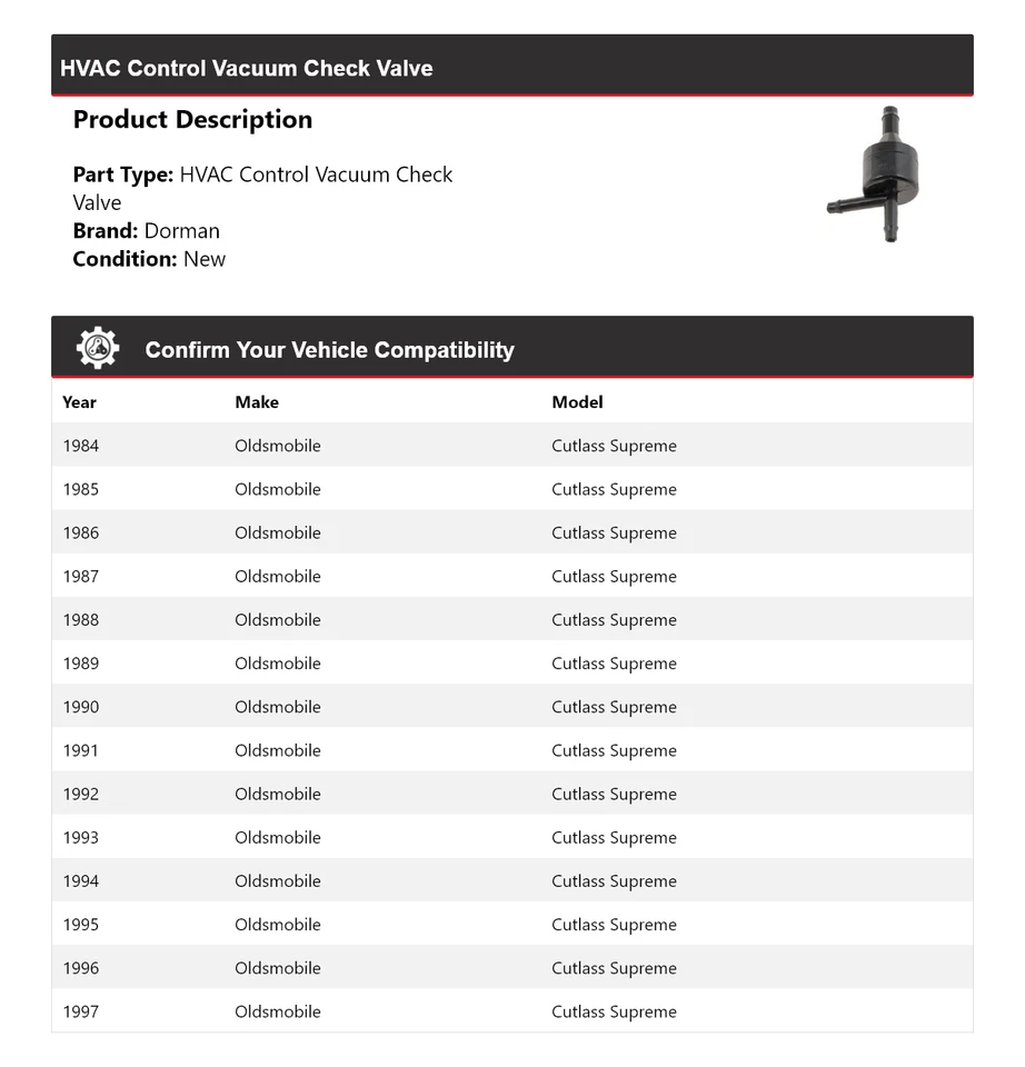 Válvula de retención de vacío de control de climatización Oldsmobile Cutlass Supreme Dorman 1984-1997 Foto 2 de 4