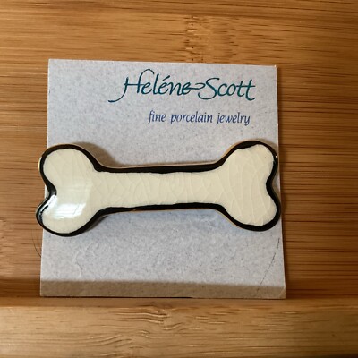 Helene Scott Handmade Porcelain Dog Bone Pin. Black & White