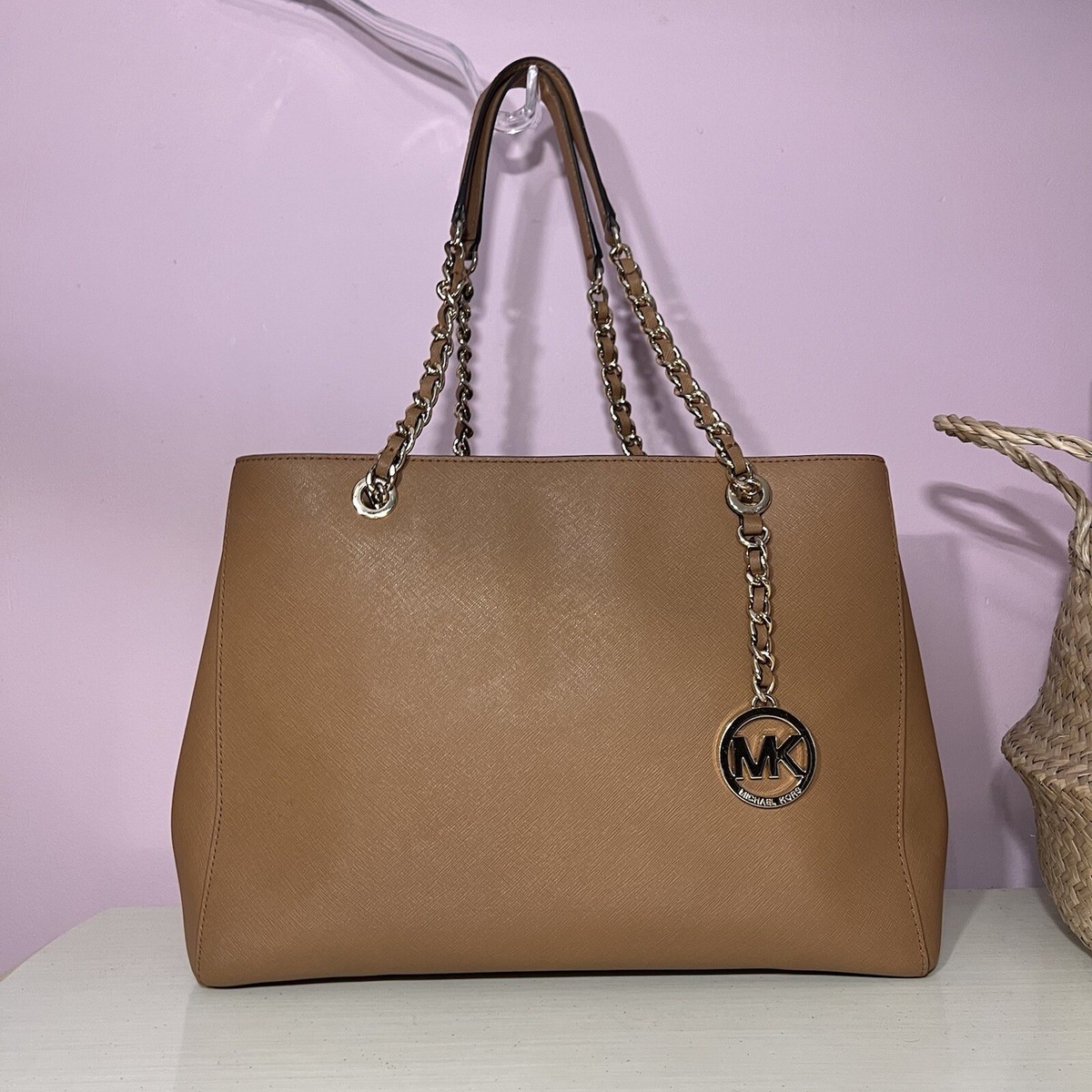 Michael Kors Tan Brown Saffiano Leather Tote Shoulder Bag Gold