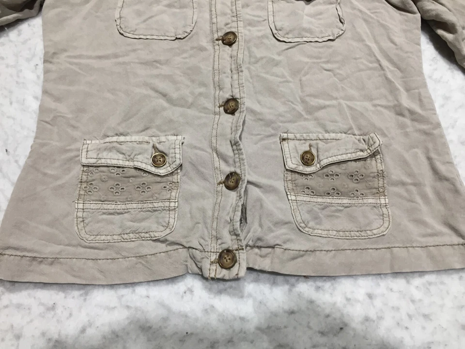 Maurices Linen Jacket Womens M Medium Tan Beige Button Crochet Accent Pockets - Image 2 of 4