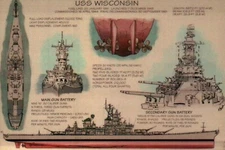 USS Wisconsin, BB-64, Battleship, Military, US Navy, Ship --- Technical Postcard