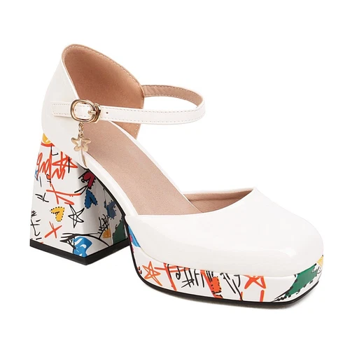 Sandali donna tacco a blocco scarpe stampa plateau punta quadrata moda coreana - Foto 21 di 23