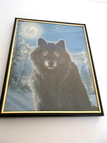 FRAMED PRINT OF A WOLF WITH MOON OVER HIS SHOULDER ARTIST L TRIESCH