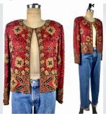 Vintage Red Gold Black Silk Beaded Jacket Adrianna Papell Women s Size 10