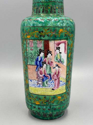 Jarrón Cloisonne antiguo medallón esmalte cantón chino siglo XIX 10" - Imagen 2 de 12