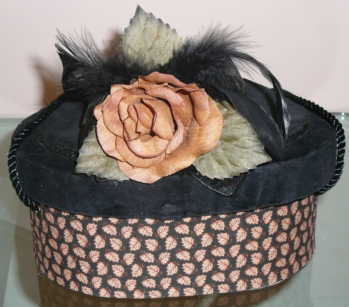 Very vintage hat box purse, two sections. Height is 7” including feather