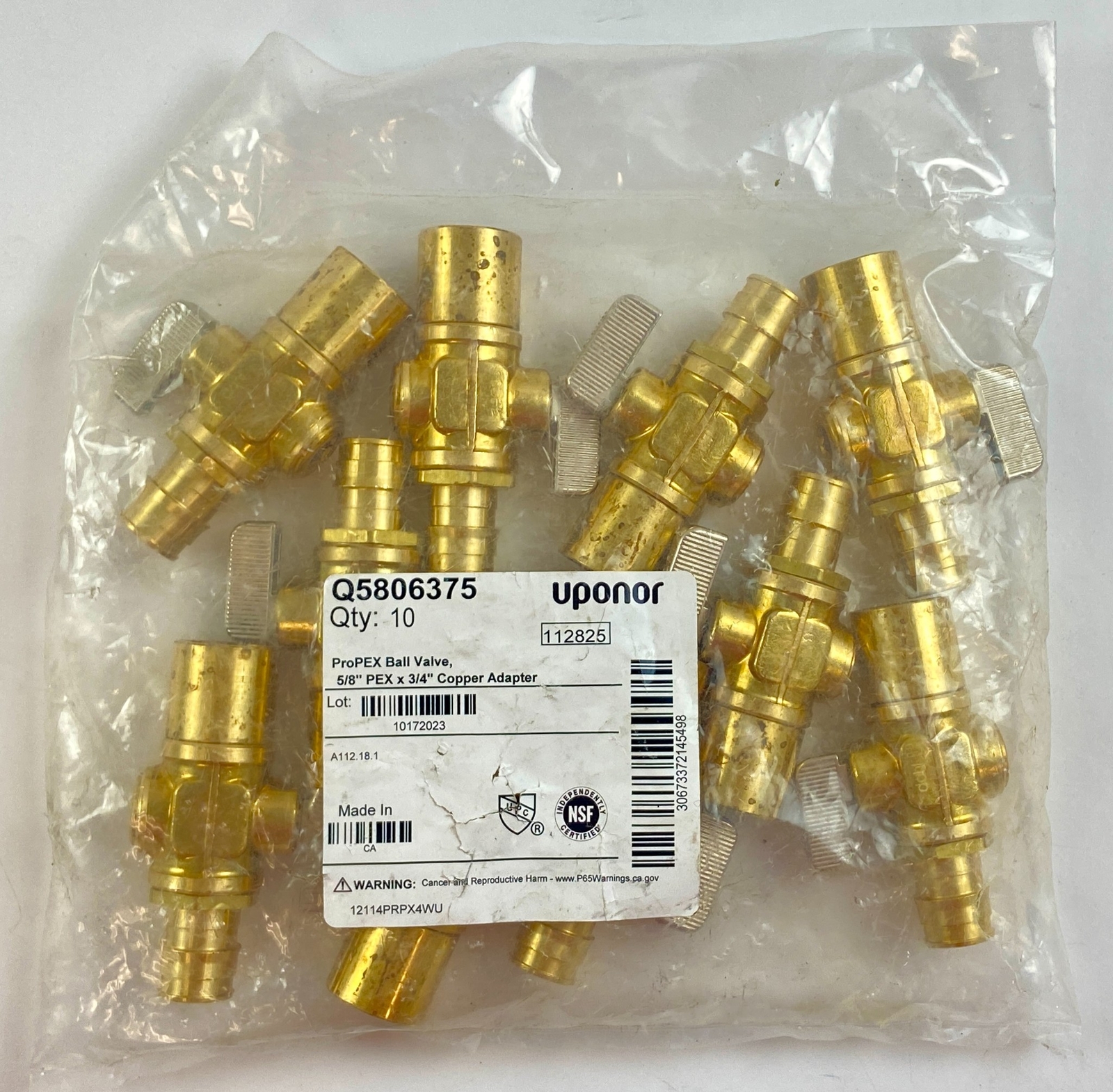 Uponor Q5806375 ProPEX Ball Valve 5/8 PEX x 3/4 Copper Adapter Brass 10-Pack