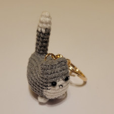 Handmade Crochet Cat Key Chain Amigurumi Charm Gray White Yarn Metal Keyring