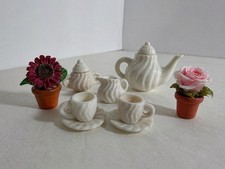 Miniature Porcelain Tea Set 7 Pc White  Mini Flower Pots Dollhouse Decor Set