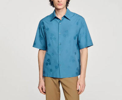Sandro Herren Hemd Blau Floral Print Kurzarm Baumwolle Shirt Gr. M 50