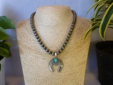 Turquoise & Silver Naja Pendant & Imitation Navajo Pearls Southwestern Necklace