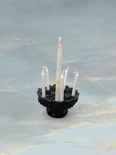 VTG Fenton Glass 6 Hole Candle Holder Footed Bowl Black Hobnail & Sawtooth