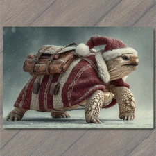 Art Print Christmas Turtle Santa Hat Red Coat Leather Bag Snowy Holiday Animal