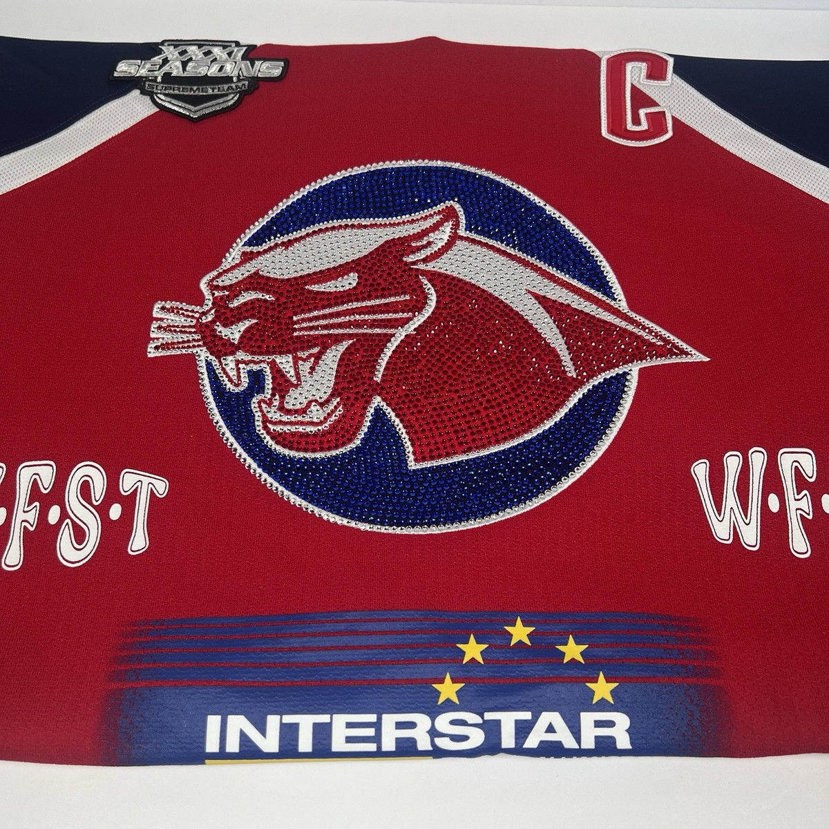 Supreme SS25 Rhinestone Hockey Jersey Red/Blue - Men's Size Supreme SS25 Rhinestone Hockey Jersey Red/Blue - Men's Size