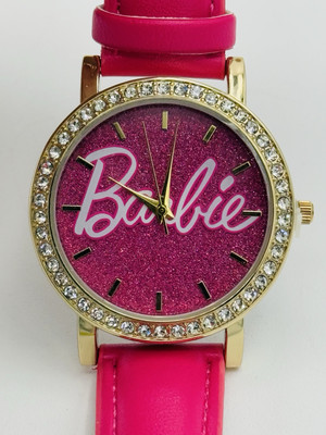 Women's Barbie Glitter Dial Pink Strap Watch Limited Edition Gold Tone