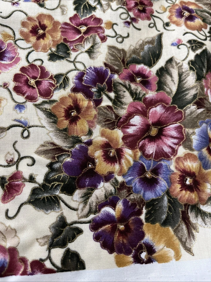 Beige Pansy Fabric Floral Quilt Cotton Cloisonne Purple Flowers Marcus Brothers - Image 3 of 4
