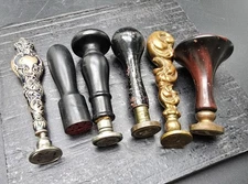 Set Of 6 Antique Wax Seal Stamp Seals Various Handles & Monograms HS286