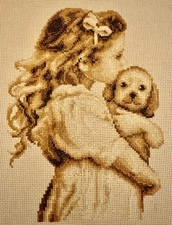 Vintage Girl With Puppy Completed Cross Stitch Piece Unframed