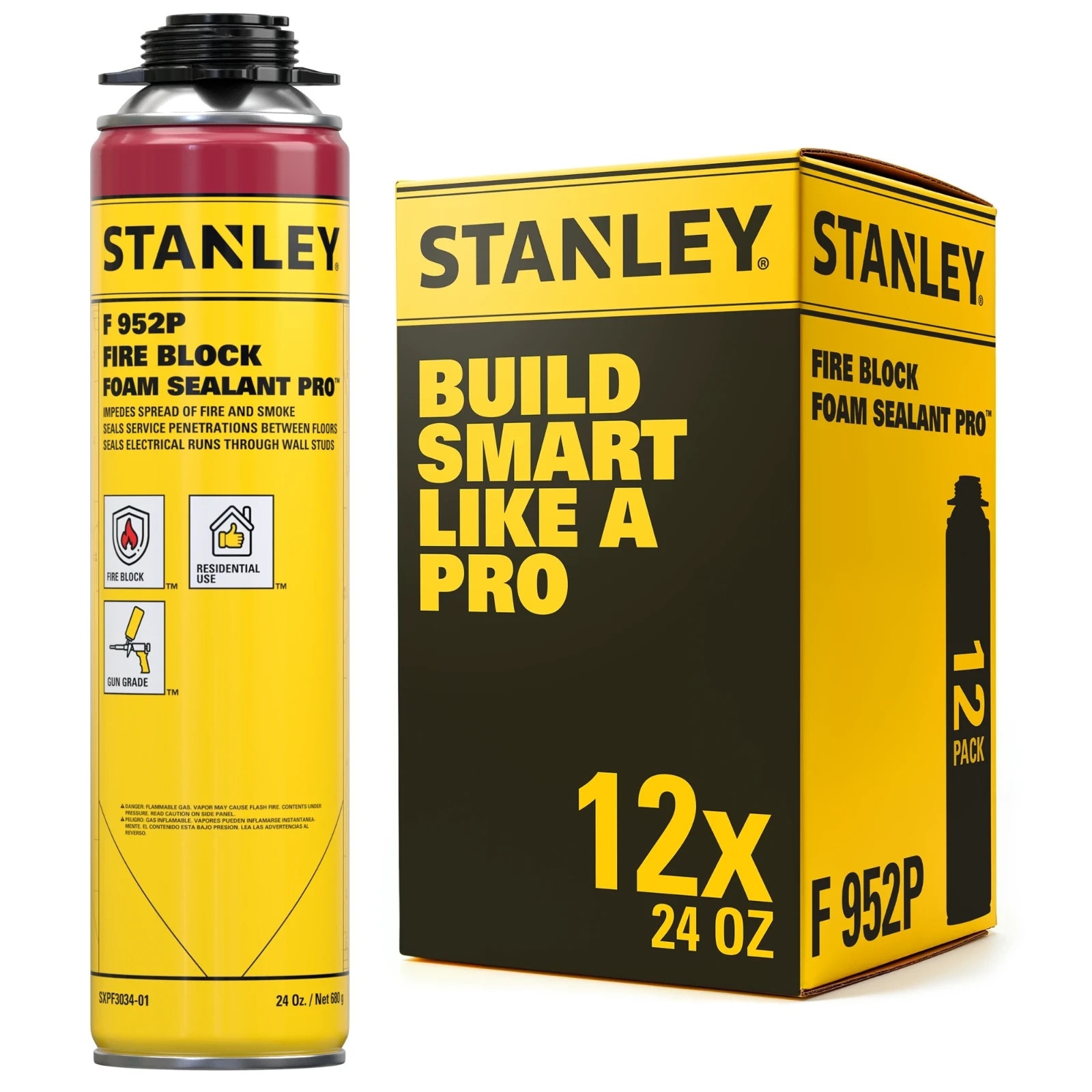 Stanley F952P Orange Fire-Rated Sealant Foam 24oz, 12 Pack-Pro Use,Gun Not Incl.
