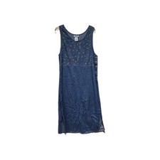 Vtg 90s Y2k Denim Dress Maxi Floral Embroidered Sleeveless Cotton Large Cottage