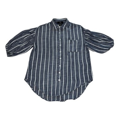 RAIN Pinstripe Puff Sleeve Button Down Blouse S Navy Coastal Preppy Scandi EUC