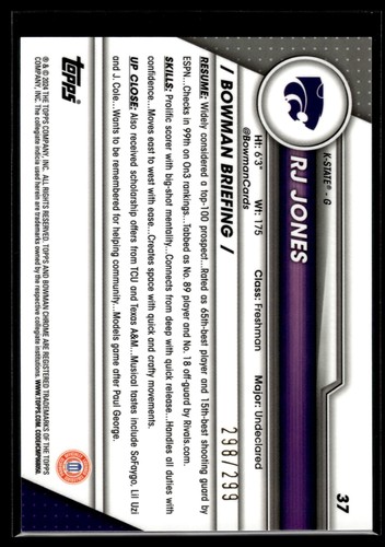 RJ Jones 2023-24 Bowman University Chrome Aqua Refractor Card /299 #37 - Picture 2 of 2