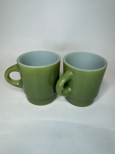 Vintage Anchor Hocking Fire King Avacado Green Stackable Coffee Mugs Set of 2