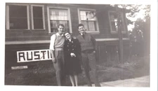 1940s Three Friends Smiling Outside Rustic House Sign Vintage Photo