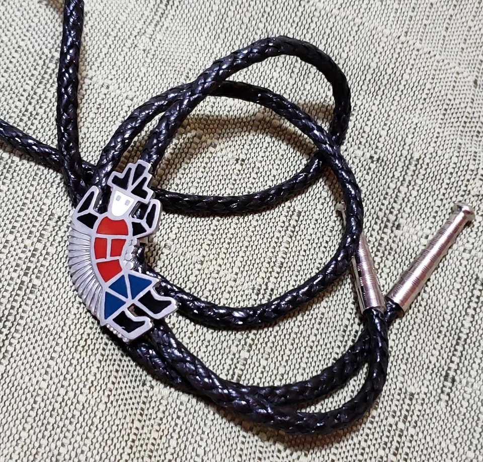 Corbata de cuello vintage Hopi Indian Dancer Bolo color plateado esmaltado, ropa occidental para hombre Foto 2 de 4