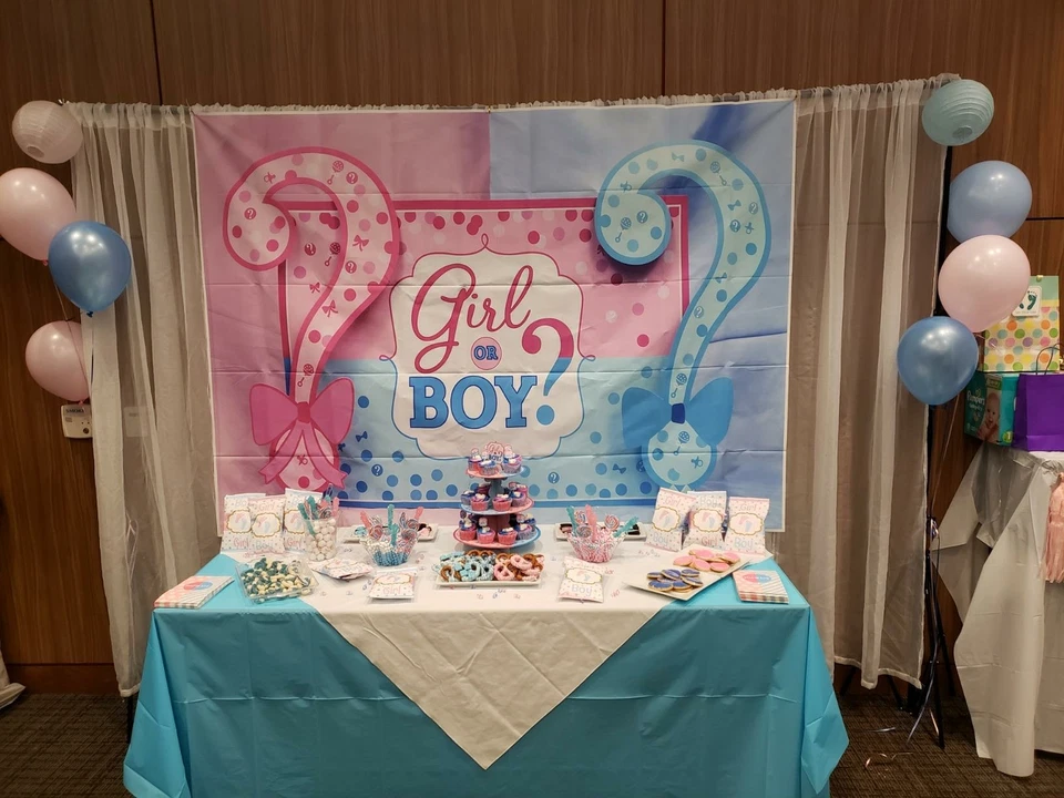 Fondo rosa y azul para niño o niña revelación de género decoración de fiesta pancarta fondo Foto 4 de 4