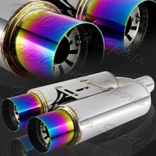 Universal 3.5 Dual Rainbow Tip 2.5 Inlet Stainless Weld-on Exhaust Muffler Universal 3.5 Dual Rainbow Tip 2.5 Inlet Stainless Weld-on Exhaust Muffler