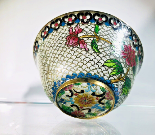 Vintage Plique A Jour Bowl Intricate Flowers Translucent Cloisonne Enamel Glass - Picture 3 of 10