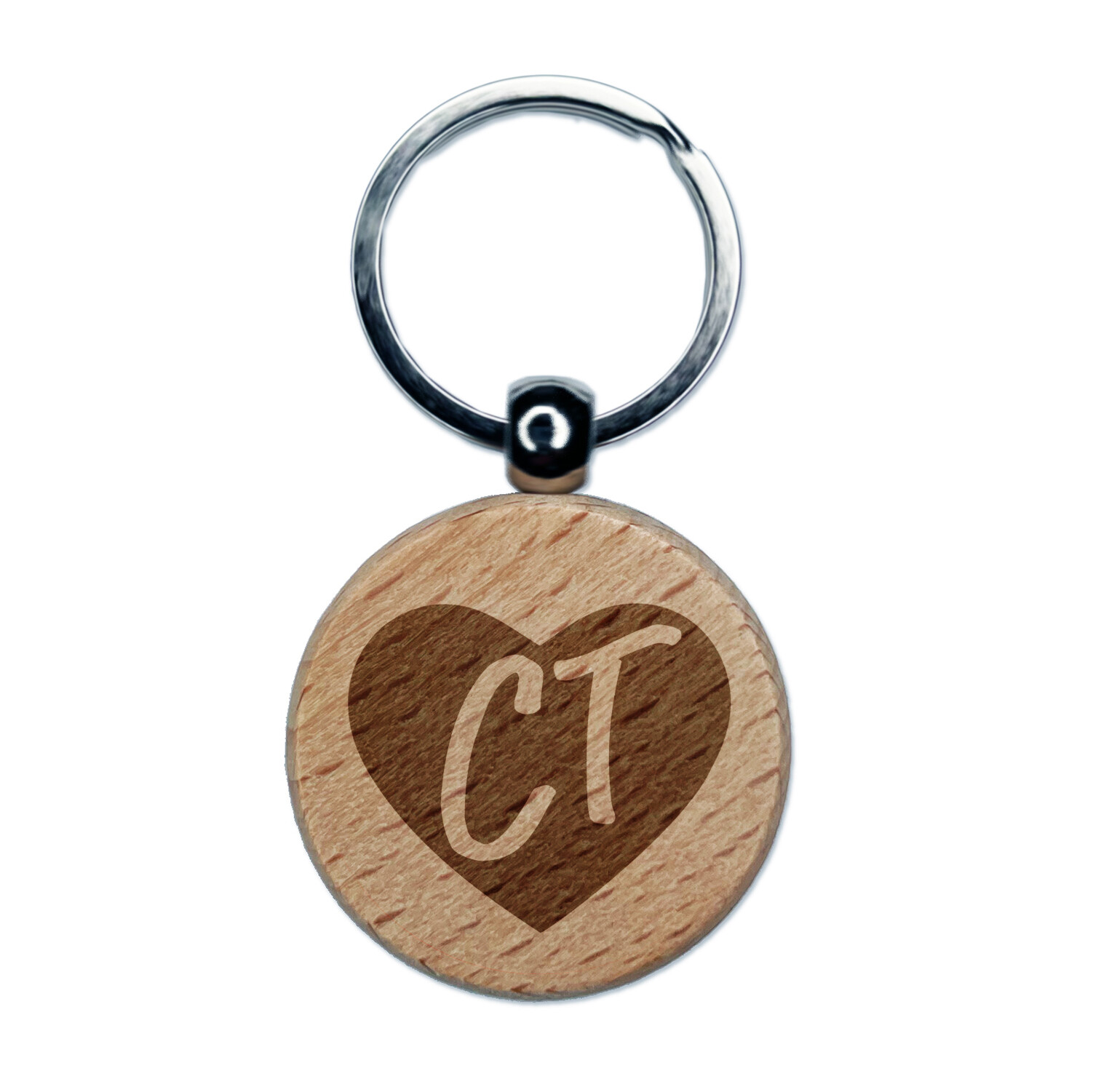 CT Connecticut State in Heart Engraved Wood Round Keychain Tag Charm