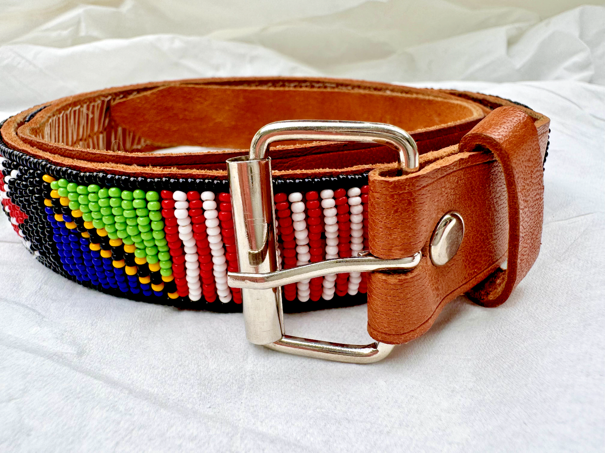 USA American Flag Beaded Leather‎ Belt Patriotic Western Style Handmade Beaded Red White & Blue Leather Belt USA America 34  main image 2