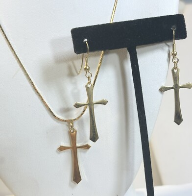 Vintage 1960s New Old Stock Yellow Gold Plate Cross Necklace Earrings 18”  Set