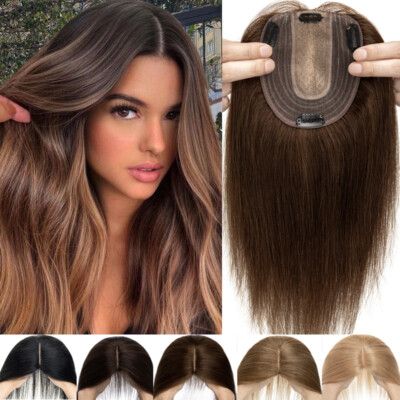 100% REMY Human Hair Topper Clip In Silk Mono Base Women Toupee Hairpeices Short