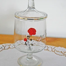 Glass 40TH ANNIVERSARY Red Rose 8" Candy Jar w/ Lid ~