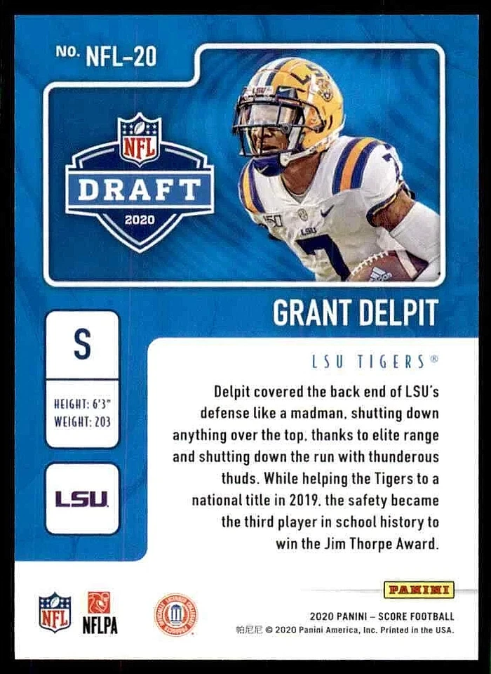 2020 Panini Score NFL Draft Grant Delpit LSU Tigers - Image 2 of 2