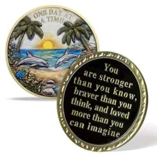 One Day At A Time Sobriety Coin Dolphins Palm Trees Inspirational Recovery Coin