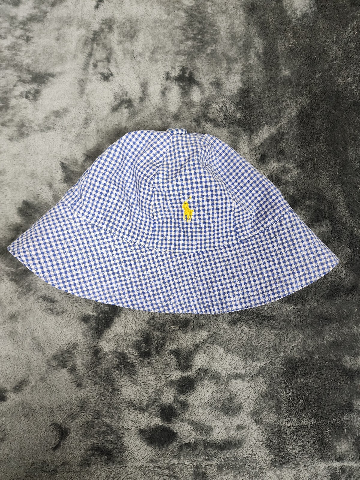 Ralph Lauren Blue Check Fishing Bucket Hat Size S/M Cotton Blend Yellow Pony